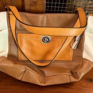 Coach Tan and Brown Leather Shoulder Bag with Polished Finish